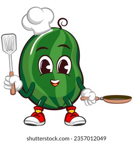 Vector mascot, cartoon and illustration of a cute watermelon fruit being a chef carrying a spatula and a frying pan