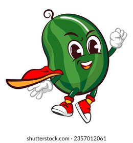 Vector mascot, cartoon and illustration of a cute watermelon being a flying superhero with a cape