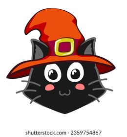 Vector mascot, cartoon and illustration of a cute black cat in an orange witch hat on halloween celebration
