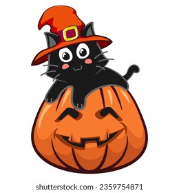 Vector mascot, cartoon and illustration of a cute black cat in an orange witch hat on a cheerful smiling halloween pumpkin