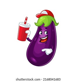 Vector mascot, cartoon and illustration of a eggplant drinking soft drink