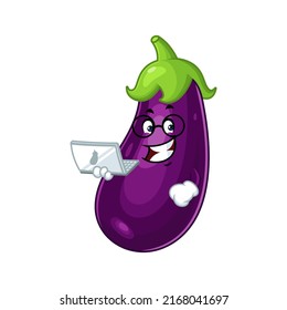 Vector mascot, cartoon and illustration of a eggplant holding laptop