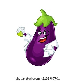 Vector mascot, cartoon and illustration of a eggplant holding Potion in a erlenmeyer flask