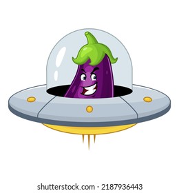 
Vector mascot, cartoon and illustration of a eggplant riding UFO plane