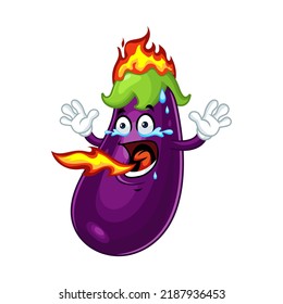 Vector mascot, cartoon and illustration of a eggplant on fire with breathing flames