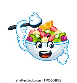 Vector mascot, cartoon, and illustration of a fruit bowl holding spoon