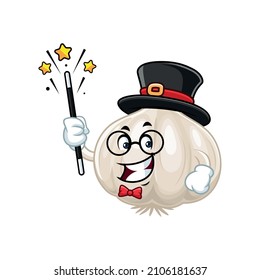 Vector mascot, cartoon and illustration of a garlic becomes a magician and holding magic stick