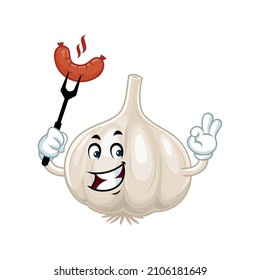 Vector mascot, cartoon and illustration of a garlic holding a sausage on fork