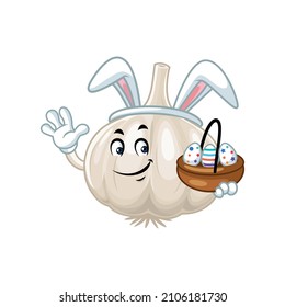 Vector mascot, cartoon and illustration of a garlic holding basket of easter eggs