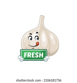 Vector mascot, cartoon and illustration of a garlic holding fresh sign board