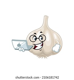 Vector mascot, cartoon and illustration of a garlic holding laptop