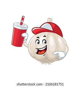 Vector mascot, cartoon and illustration of a garlic drinking soft drink