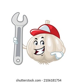 Vector mascot, cartoon and illustration of a garlic holding wrench
