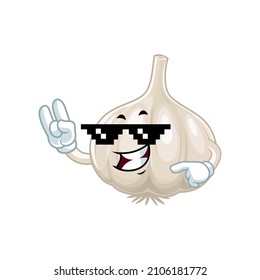 Vector mascot, cartoon and illustration of a garlic wearing black pixel glasses