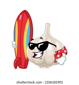 Vector mascot, cartoon and illustration of a garlic wearing shirt and holding surfing board
