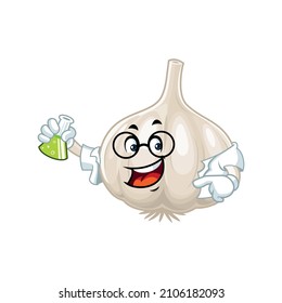 Vector mascot, cartoon and illustration of a garlic holding Potion in a erlenmeyer flask