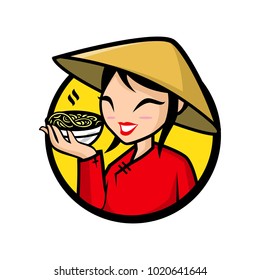 Vector Mascot, Cartoon, And Illustration Of A Girl Holding Pho Bowl.
