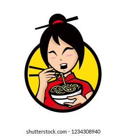 Vector mascot, cartoon, and illustration of a girl holding ramen bowl.