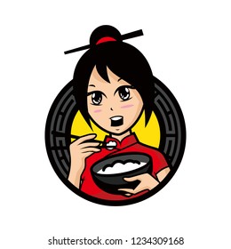 Vector mascot, cartoon, and illustration of a girl holding rice bowl.
