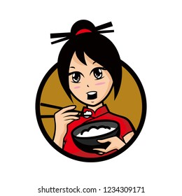 Vector mascot, cartoon, and illustration of a girl holding rice bowl.