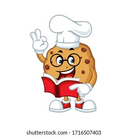 Vector mascot, cartoon, and illustration of a glasses  chocolate cookies chips  holding book 