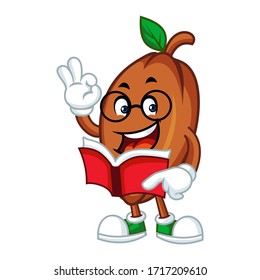 Vector mascot, cartoon, and illustration of a glasses cacao bean holding book 