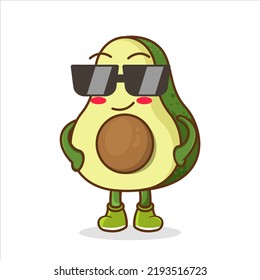 Mascota vectorial, caricatura e ilustración de un aguacate de gafas. Caricatura de aguacate Fruit con personaje de mascota vestido con gafas negras