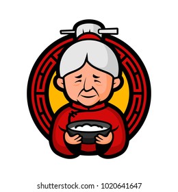 Vector mascot, cartoon, and illustration of a grandma holding rice bowl.
