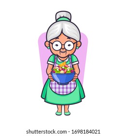 Vector mascot, cartoon, and illustration of a grandma holding fruit bowl