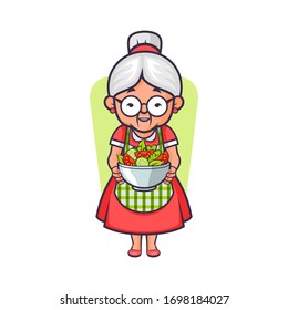 Vector mascot, cartoon, and illustration of a grandma holding salad bowl