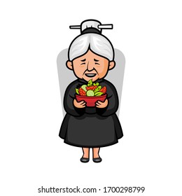 Vector mascot, cartoon, and illustration of a grandma holding salad bowl