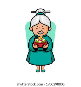 Vector Vector mascot, cartoon, and illustration of a grandma holding fruit bowl