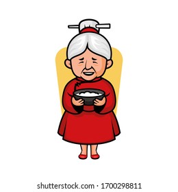 Vector mascot, cartoon, and illustration of a grandma holding rice bowl
