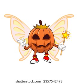 Vector mascot, cartoon and illustration of a halloween pumpkin is a flying fairy with crowned butterfly wings and carrying a magic wand