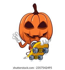 Vector mascot, cartoon and illustration of halloween pumpkin jumping by riding a skateboard