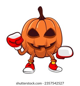 Mascota vectorial, dibujos animados e ilustración de una calabaza de halloween practicando boxeo usando guantes de boxeo