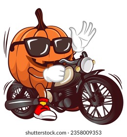 Vector mascot, cartoon and illustration of a halloween pumpkin in sunglasses riding a big motorbike while waving