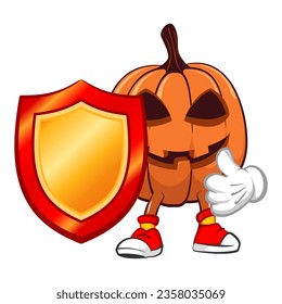 Vector mascot, cartoon and illustration of halloween pumpkin hiding behind a strong shield with a thumbs up