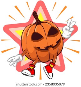 Mascota vectorial, caricatura e ilustración de una calabaza de halloween saltando con una señal de paz frente a una gran estrella brillante