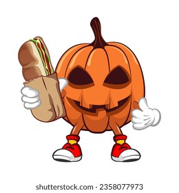 Mascota vectorial, dibujos animados e ilustración de la calabaza de Halloween disfrutando de un gran sándwich y dando un pulgar hacia arriba