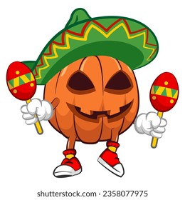 Mascota vectorial, caricatura e ilustración de halloween con sombrero de calabaza con jugada a maracas