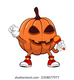 Vector mascot, cartoon and illustration of halloween pumpkin singing by using a mic