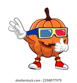 Vector mascot, cartoon and illustration of halloween pumpkin wearing 3-dimensional glasses by giving a thumbs up sign