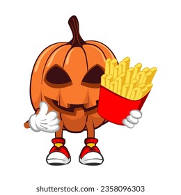 Vector mascot, cartoon and illustration of halloween pumpkin carrying french fries and giving a thumbs up sign
