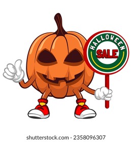Vector mascot, cartoon and illustration of halloween pumpkin giving thumbs up sign while holding a sign saying halloween sale