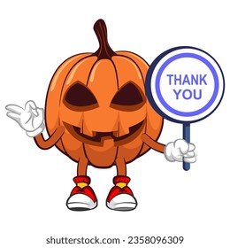 Vector mascot, cartoon and illustration of a halloween pumpkin giving an okay sign holding a sign saying thank you