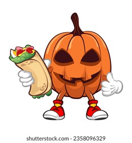Vector mascot, cartoon and illustration of halloween pumpkin with burrito and thumbs up sign
