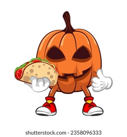 Mascota vectorial, dibujos animados e ilustración de una calabaza de halloween con un taco delicioso y dando un pulgar hacia arriba