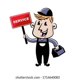 Vector mascot, cartoon, and illustration of a handyman  vintage retro, 60s, 80s holding toolbox and service sign board