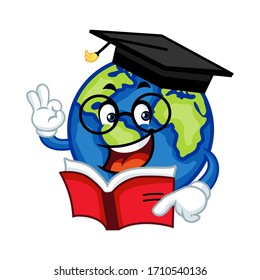 Vector mascot, cartoon, and illustration of a happy earth graduation. happy world book day concept